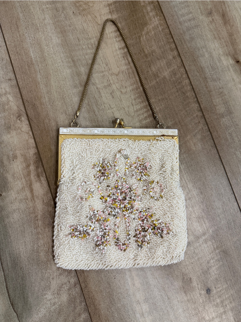 Antique Seed Bead Handbag Clutch Made in Hong Kong Vintage Floral Beaded Bag